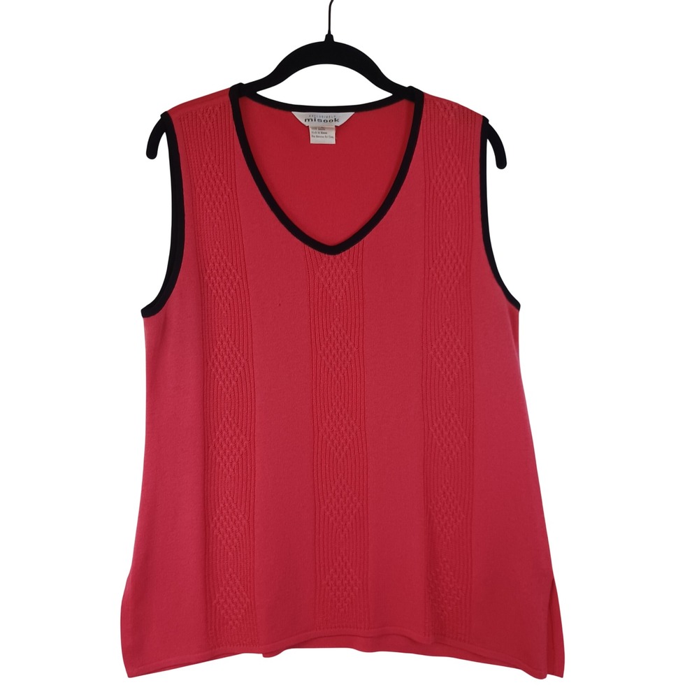 Exclusively Misook Womens Salmon Pink V-Neck Knit Tank Top Black Trim Pontelle L